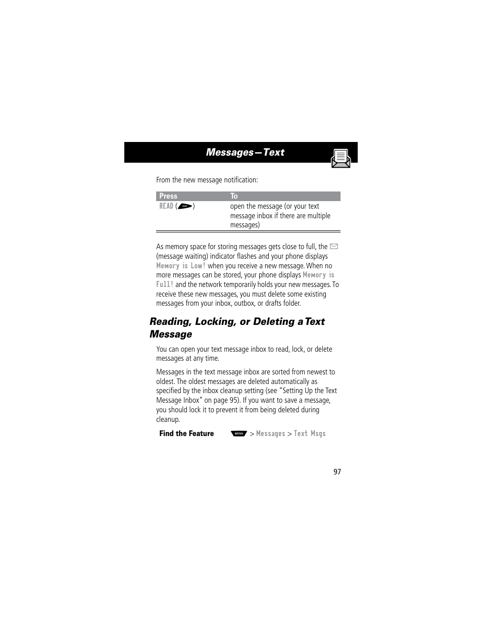 Messages—text, Reading, locking, or deleting a text message | Motorola 60C User Manual | Page 99 / 190