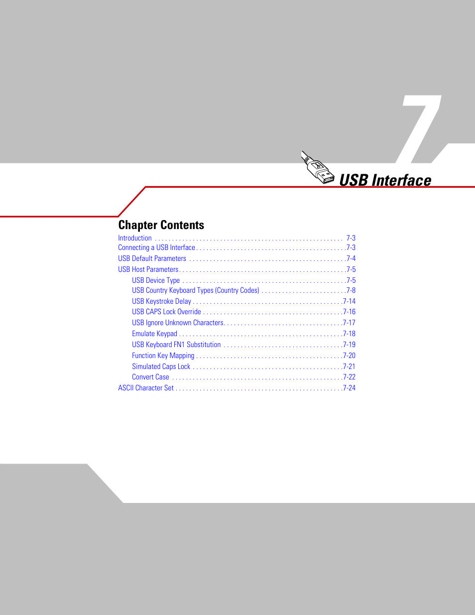 Chapter 7 usb interface, Chapter 7. usb interface, Chapter 7, usb interface | Usb interface, Chapter contents | Motorola SYMBOL LS9203 User Manual | Page 135 / 338