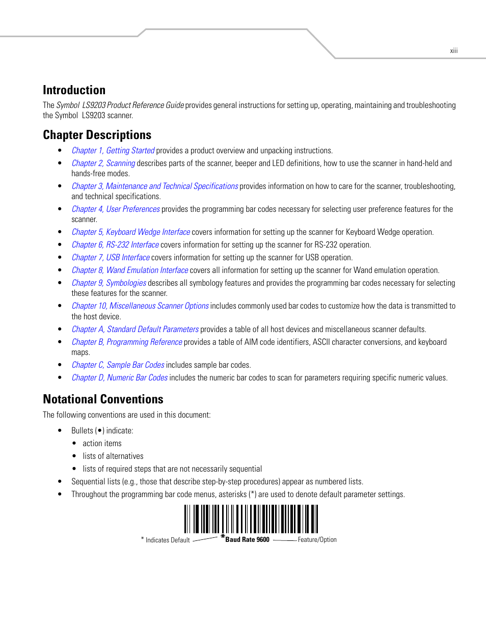 Introduction, Chapter descriptions, Notational conventions | Motorola SYMBOL LS9203 User Manual | Page 15 / 338