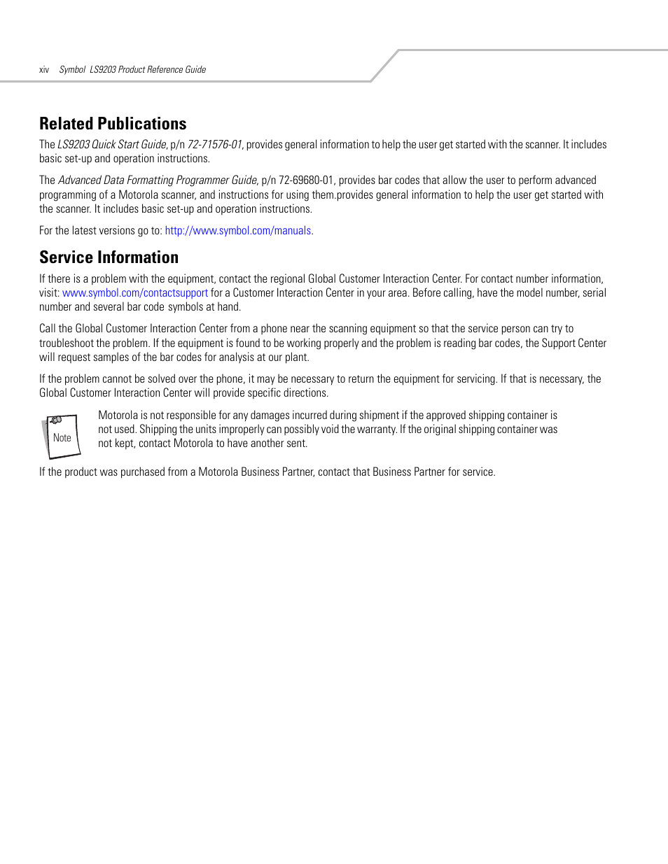 Related publications, Service information | Motorola SYMBOL LS9203 User Manual | Page 16 / 338