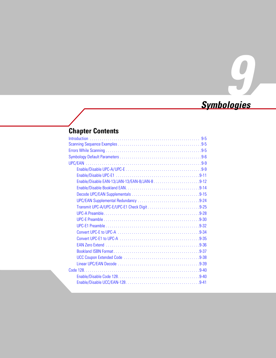 Chapter 9 symbologies, Chapter 9. symbologies, Chapter 9, symbologies | Symbologies, Chapter contents | Motorola SYMBOL LS9203 User Manual | Page 181 / 338