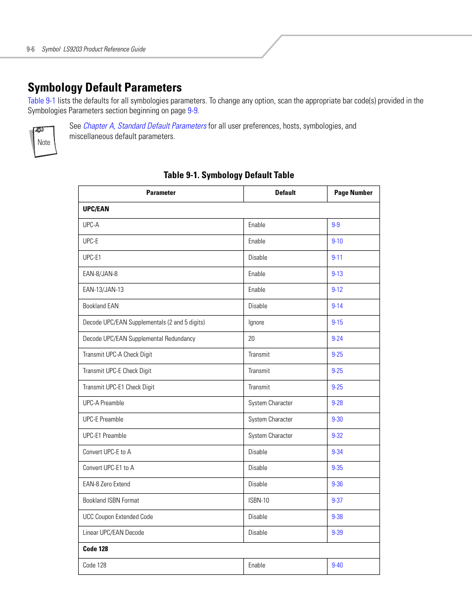 Symbology default parameters, Symbology default parameters -6, Table 9-1. symbology default table | Motorola SYMBOL LS9203 User Manual | Page 186 / 338