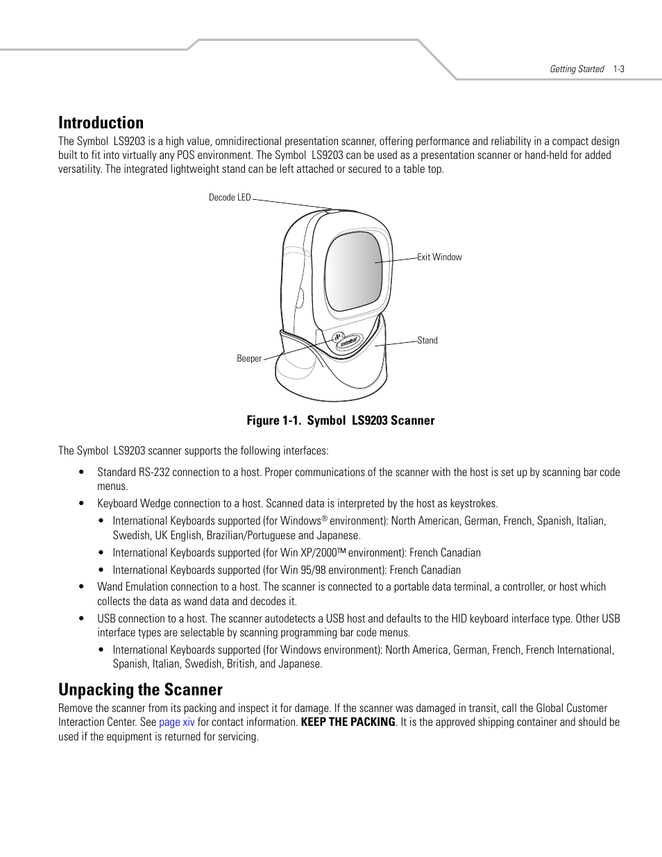 Introduction, Unpacking the scanner, Introduction -3 unpacking the scanner -3 | Motorola SYMBOL LS9203 User Manual | Page 19 / 338