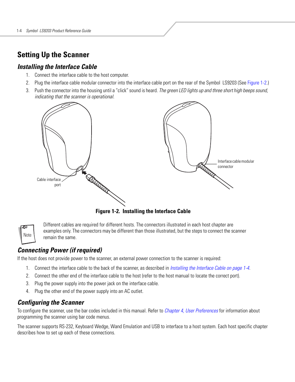 Setting up the scanner, Installing the interface cable, Connecting power (if required) | Configuring the scanner, Setting up the scanner -4 | Motorola SYMBOL LS9203 User Manual | Page 20 / 338