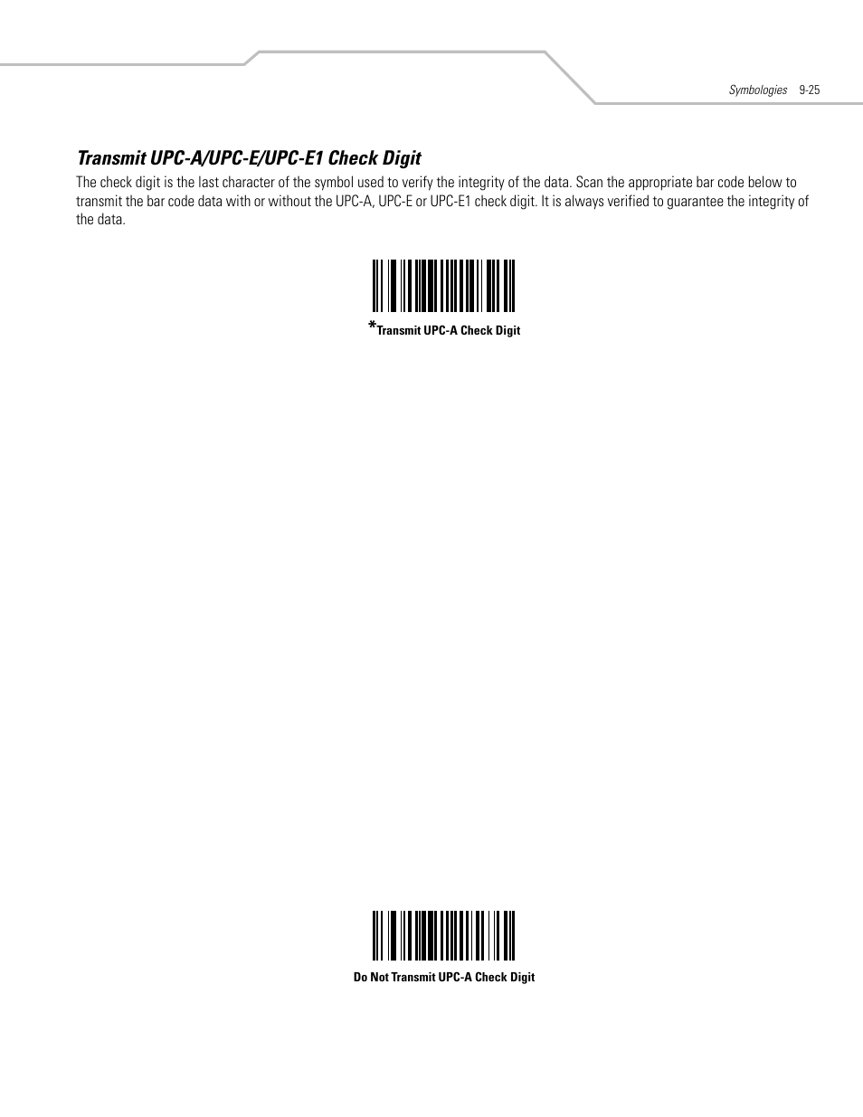 Transmit upc-a/upc-e/upc-e1 check digit, Transmit upc-a/upc-e/upc-e1 check digit -25, Transmit upc-a/upc-e/upc-e1 check digit on | Motorola SYMBOL LS9203 User Manual | Page 205 / 338