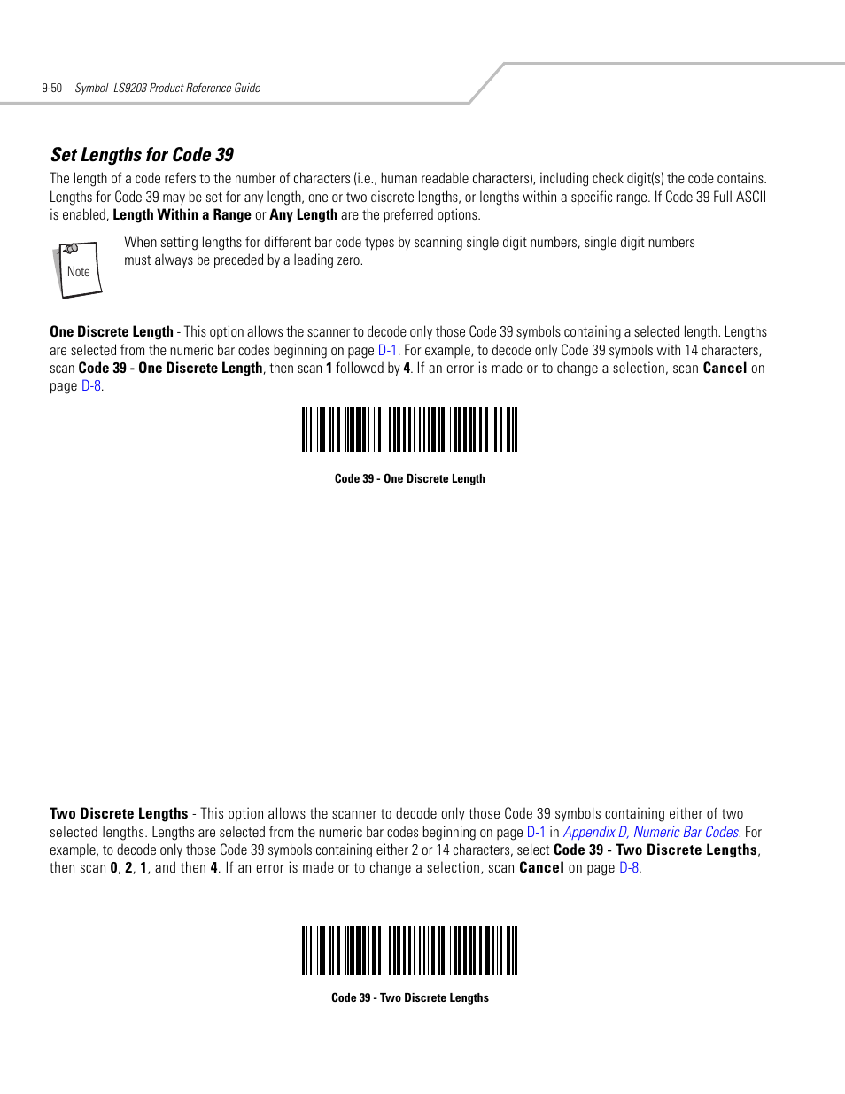 Set lengths for code 39, Set lengths for code 39 -50 | Motorola SYMBOL LS9203 User Manual | Page 230 / 338