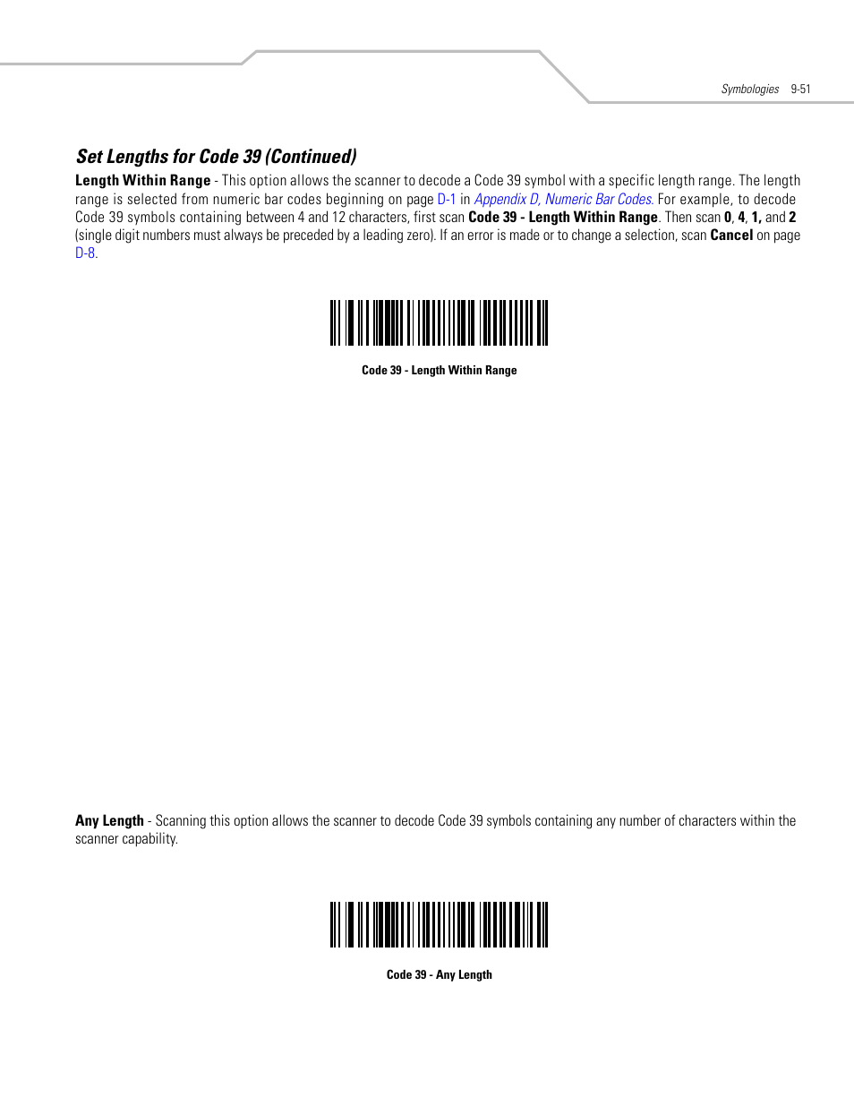 Set lengths for code 39 (continued) | Motorola SYMBOL LS9203 User Manual | Page 231 / 338