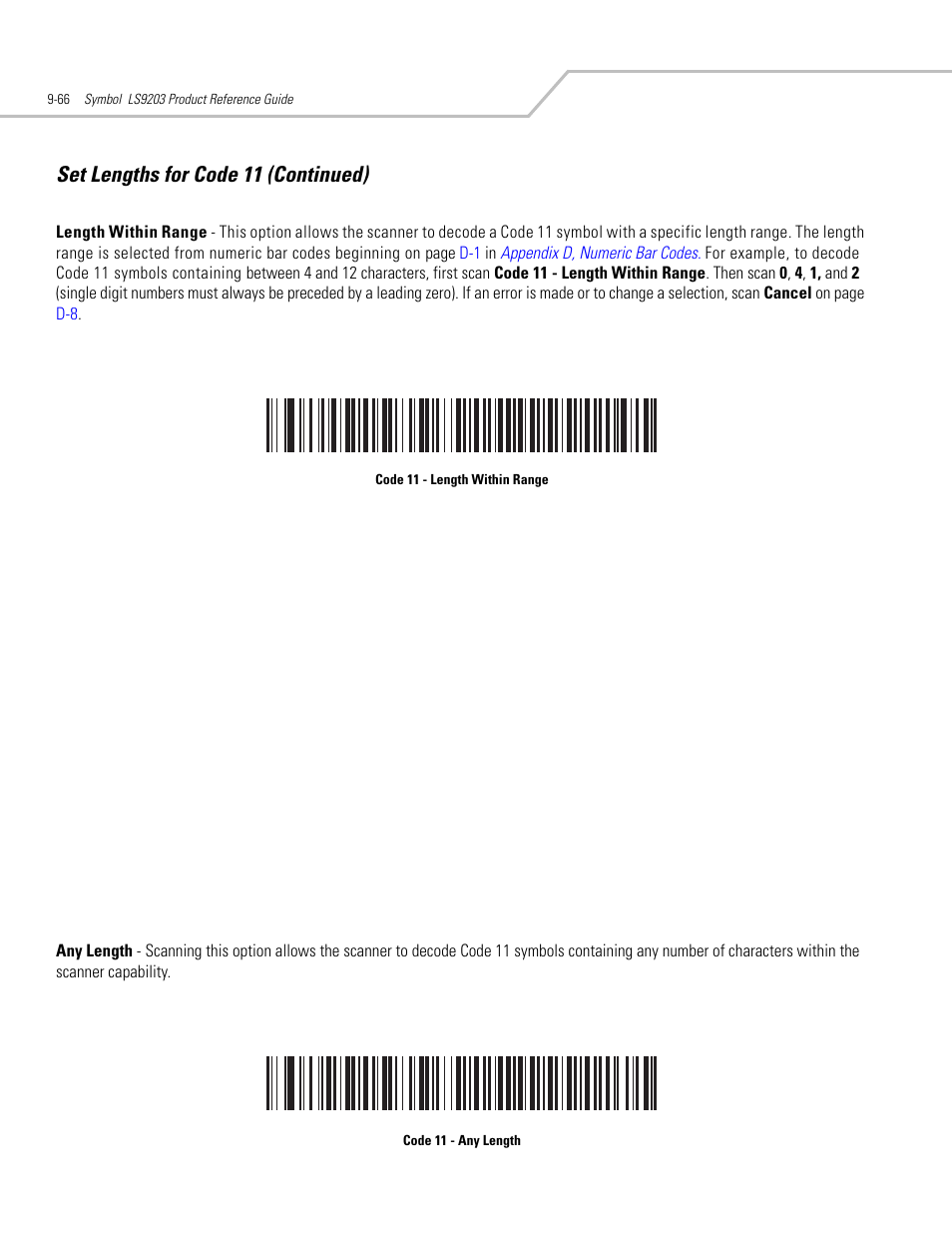 Set lengths for code 11 (continued) | Motorola SYMBOL LS9203 User Manual | Page 246 / 338