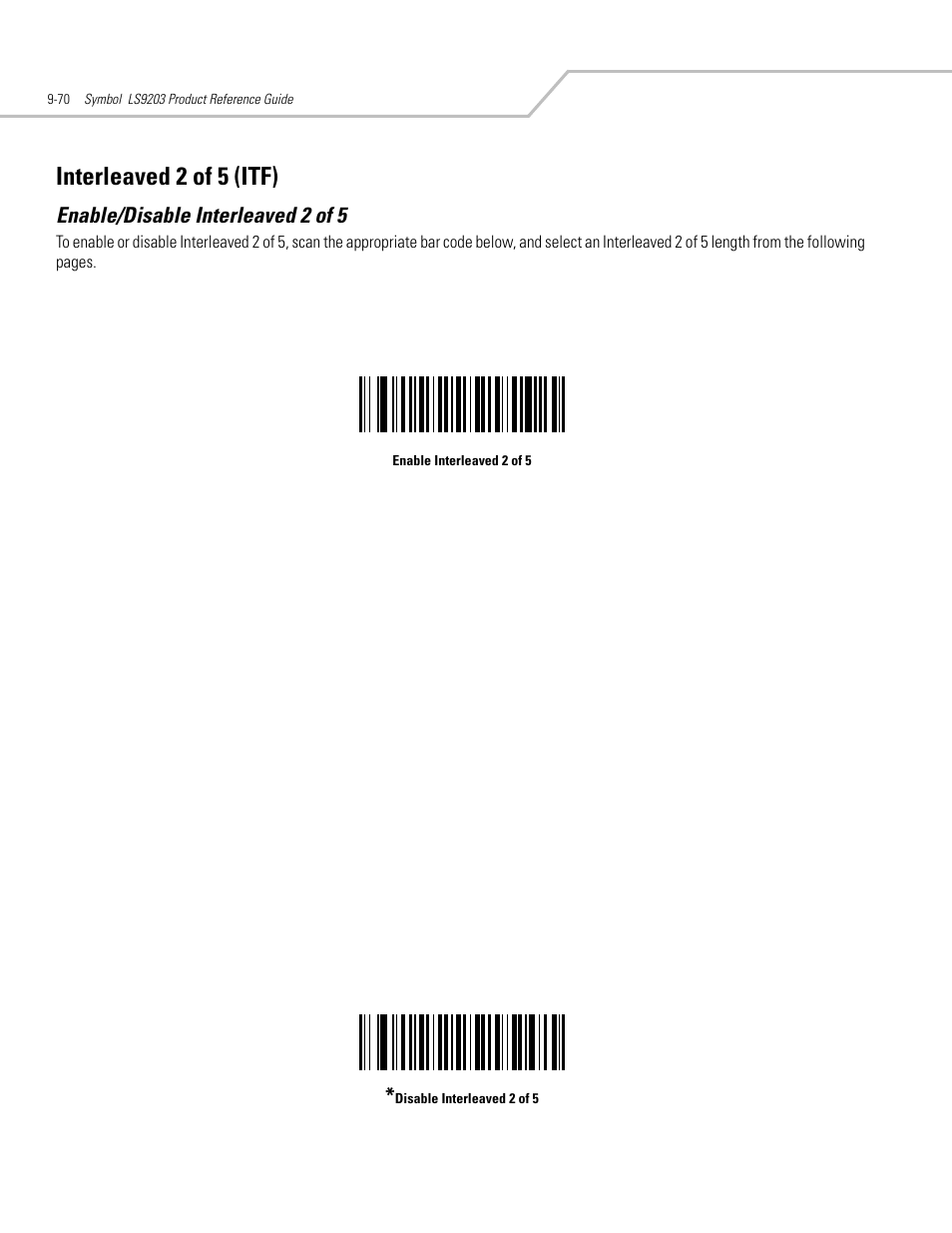 Interleaved 2 of 5 (itf), Enable/disable interleaved 2 of 5, Interleaved 2 of 5 (itf) -70 | Enable/disable interleaved 2 of 5 -70 | Motorola SYMBOL LS9203 User Manual | Page 250 / 338