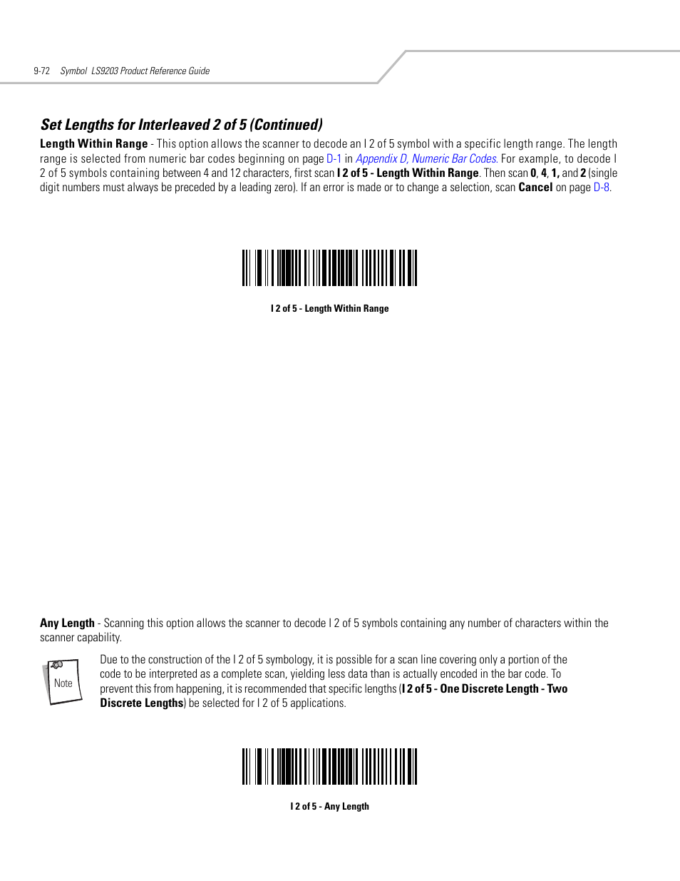 Set lengths for interleaved 2 of 5 (continued) | Motorola SYMBOL LS9203 User Manual | Page 252 / 338