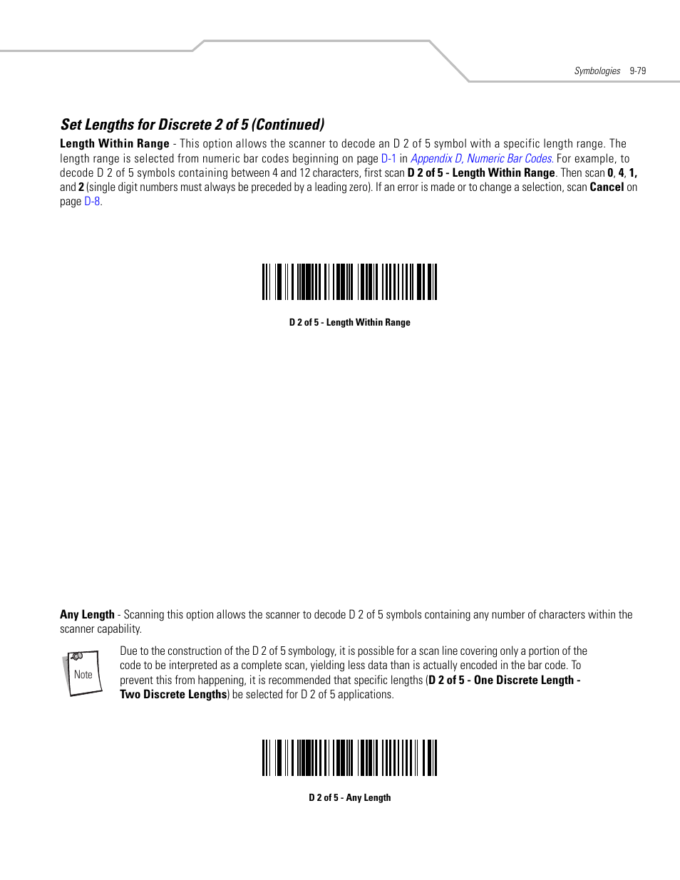 Set lengths for discrete 2 of 5 (continued) | Motorola SYMBOL LS9203 User Manual | Page 259 / 338