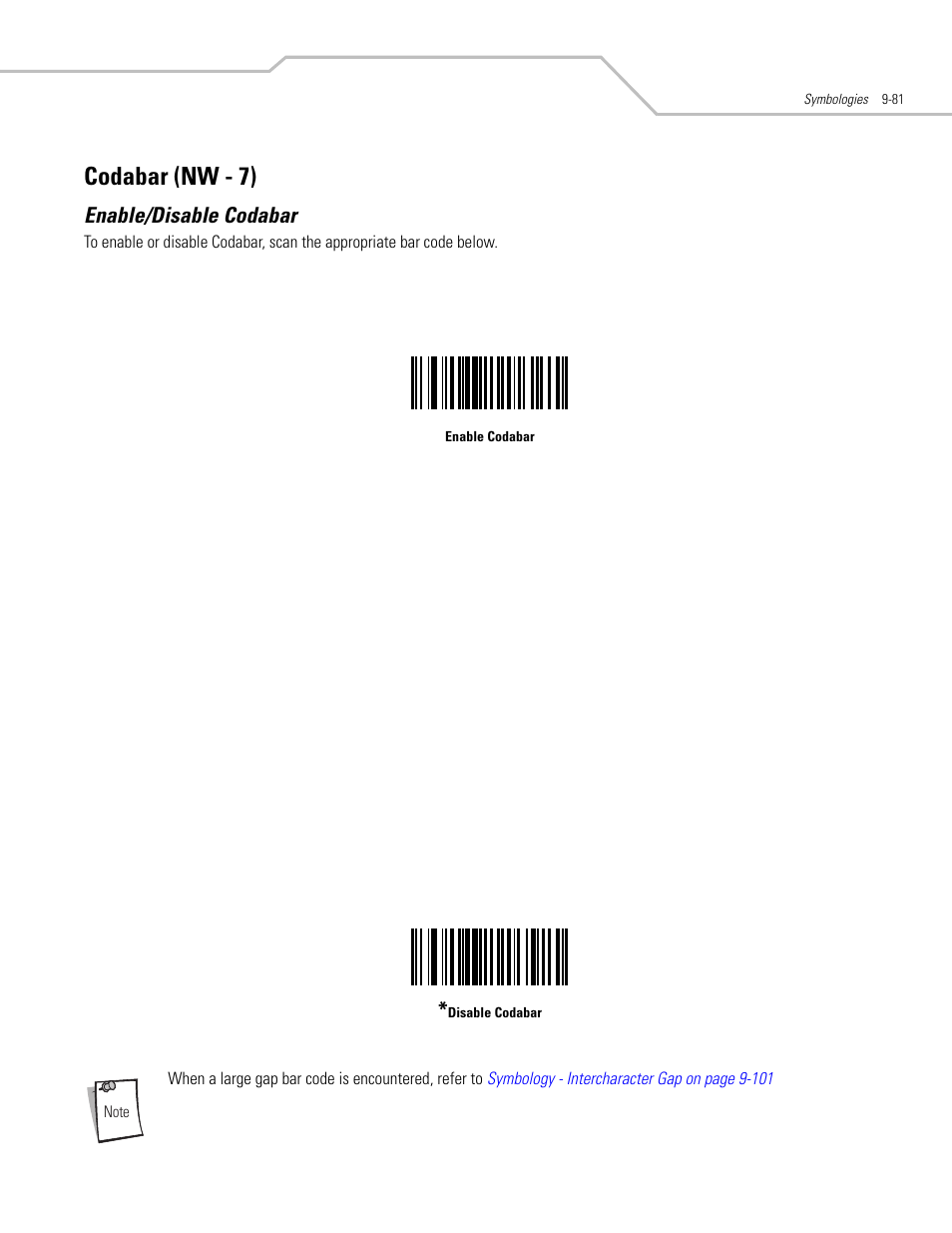 Codabar (nw - 7), Enable/disable codabar, Codabar (nw - 7) -81 | Enable/disable codabar -81 | Motorola SYMBOL LS9203 User Manual | Page 261 / 338