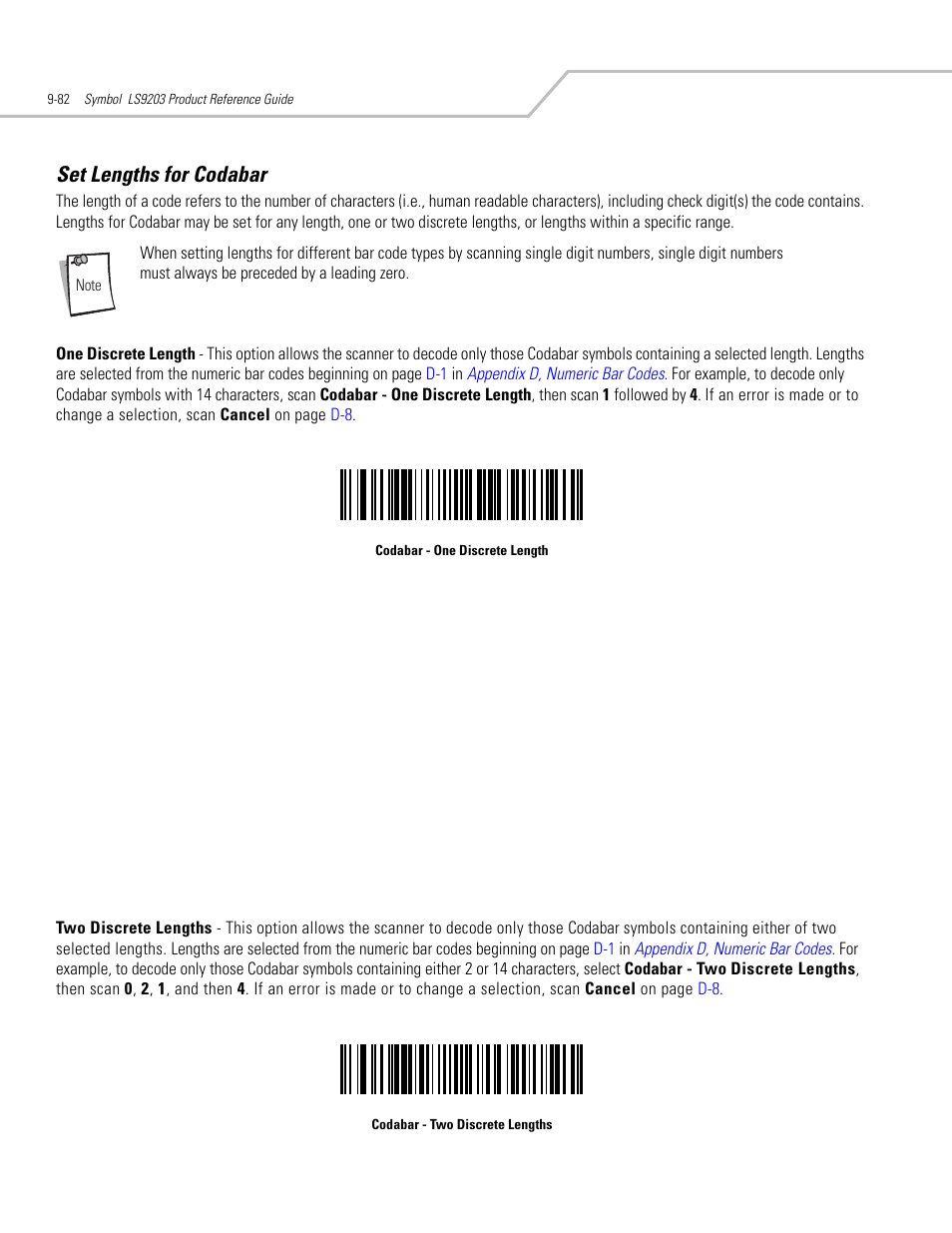 Set lengths for codabar, Set lengths for codabar -82 | Motorola SYMBOL LS9203 User Manual | Page 262 / 338