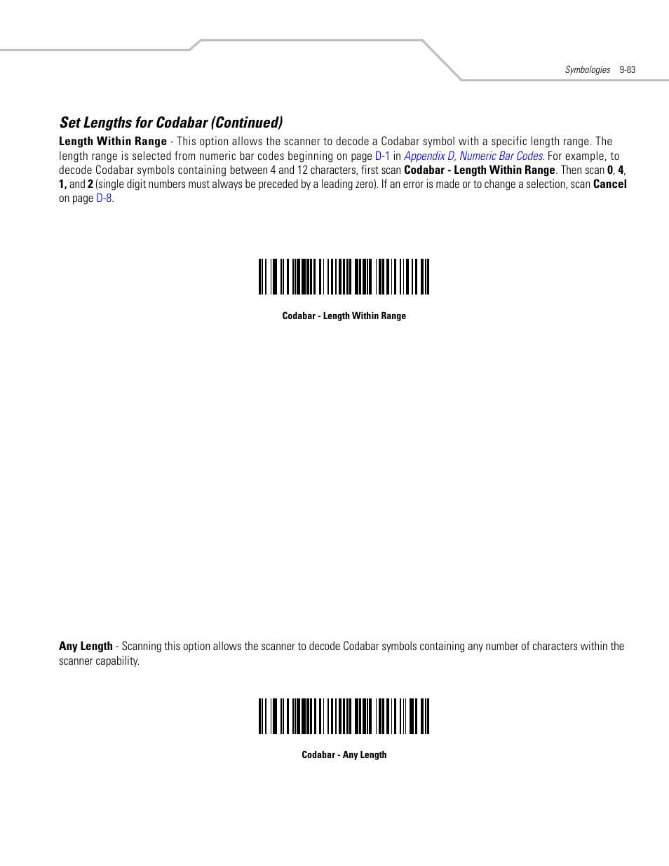 Set lengths for codabar (continued) | Motorola SYMBOL LS9203 User Manual | Page 263 / 338