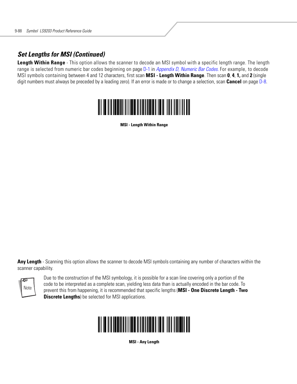 Set lengths for msi (continued) | Motorola SYMBOL LS9203 User Manual | Page 268 / 338