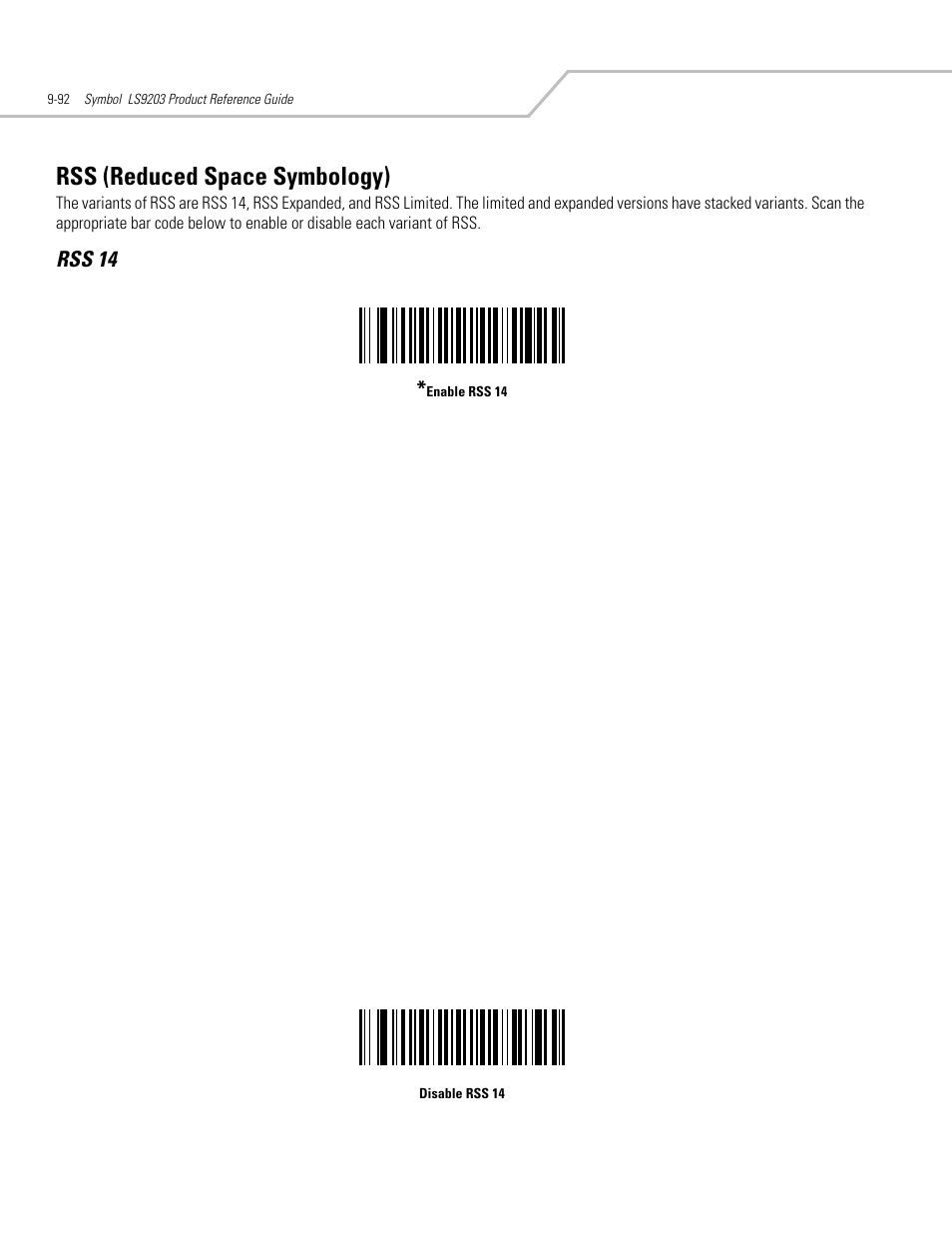 Rss (reduced space symbology), Rss 14, Rss (reduced space symbology) -92 | Rss 14 -92 | Motorola SYMBOL LS9203 User Manual | Page 272 / 338