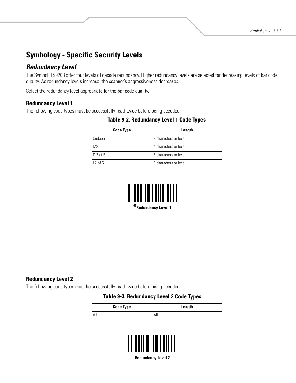 Symbology - specific security levels, Redundancy level, Symbology - specific security levels -97 | Redundancy level -97 | Motorola SYMBOL LS9203 User Manual | Page 277 / 338