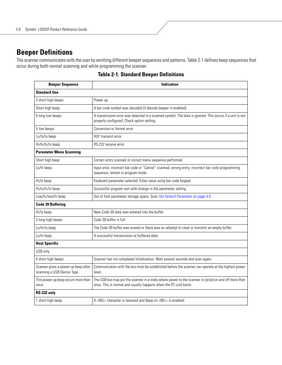 Beeper definitions, Beeper definitions -6, Beeper definitions -7 | Table 2-1. standard beeper definitions | Motorola SYMBOL LS9203 User Manual | Page 28 / 338