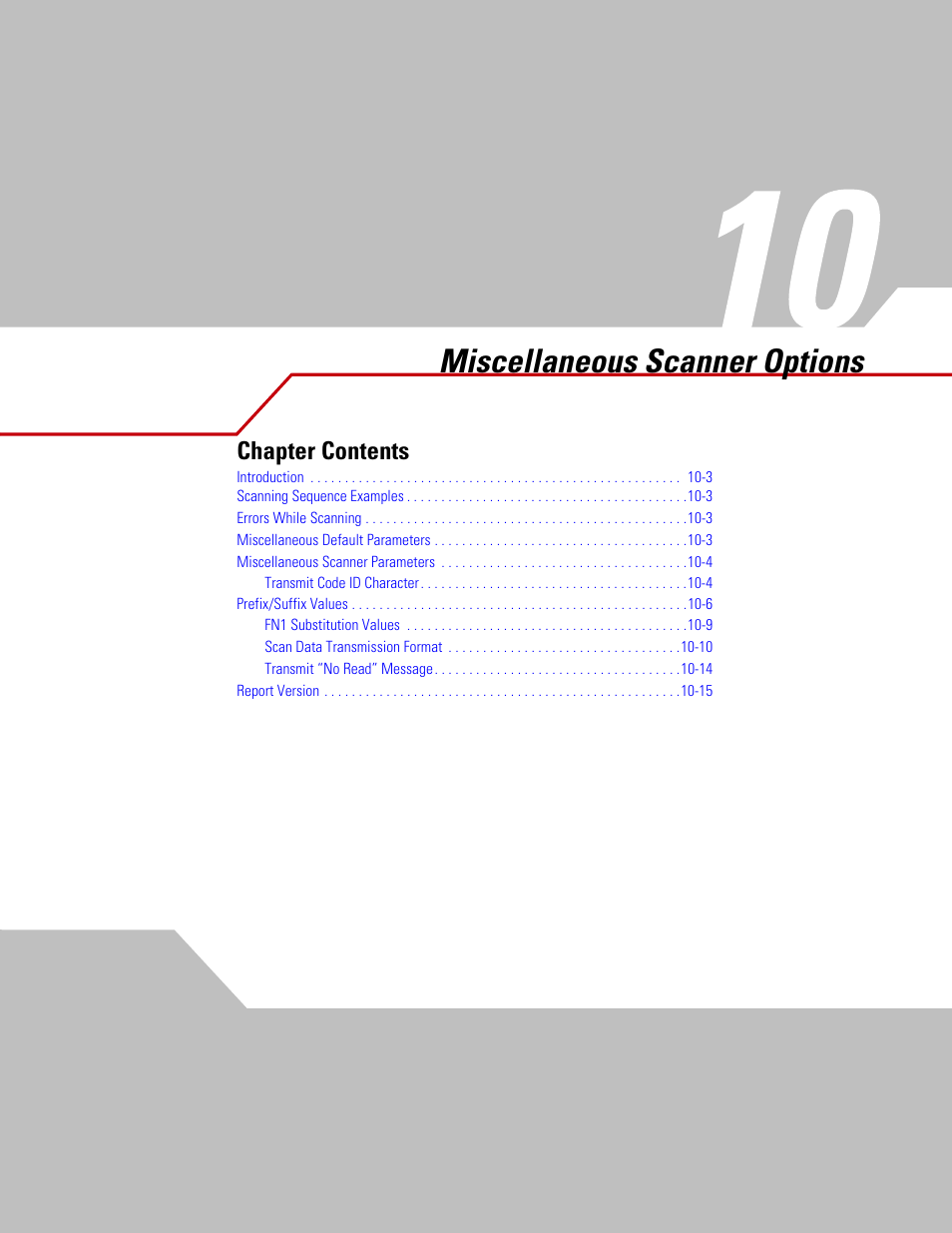 Chapter 10 miscellaneous scanner options, Chapter 10. miscellaneous scanner options, Chapter 10, miscellaneous scanner options | Miscellaneous scanner options, Chapter contents | Motorola SYMBOL LS9203 User Manual | Page 283 / 338