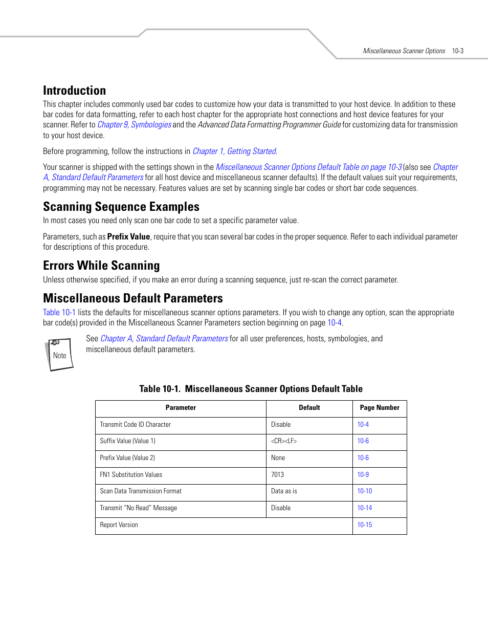 Introduction, Scanning sequence examples, Errors while scanning | Miscellaneous default parameters | Motorola SYMBOL LS9203 User Manual | Page 285 / 338