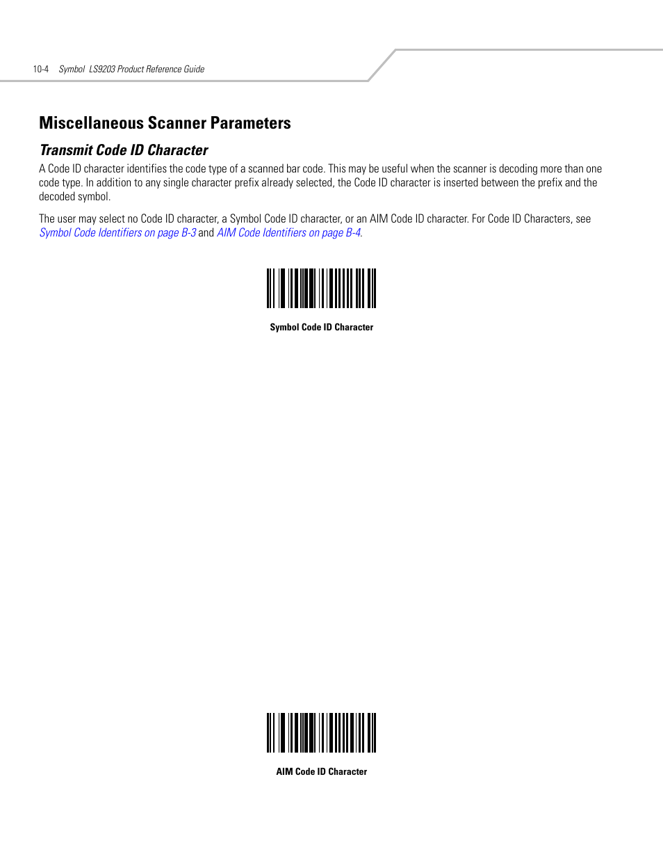 Miscellaneous scanner parameters, Transmit code id character, Miscellaneous scanner parameters -4 | Transmit code id character -4 | Motorola SYMBOL LS9203 User Manual | Page 286 / 338