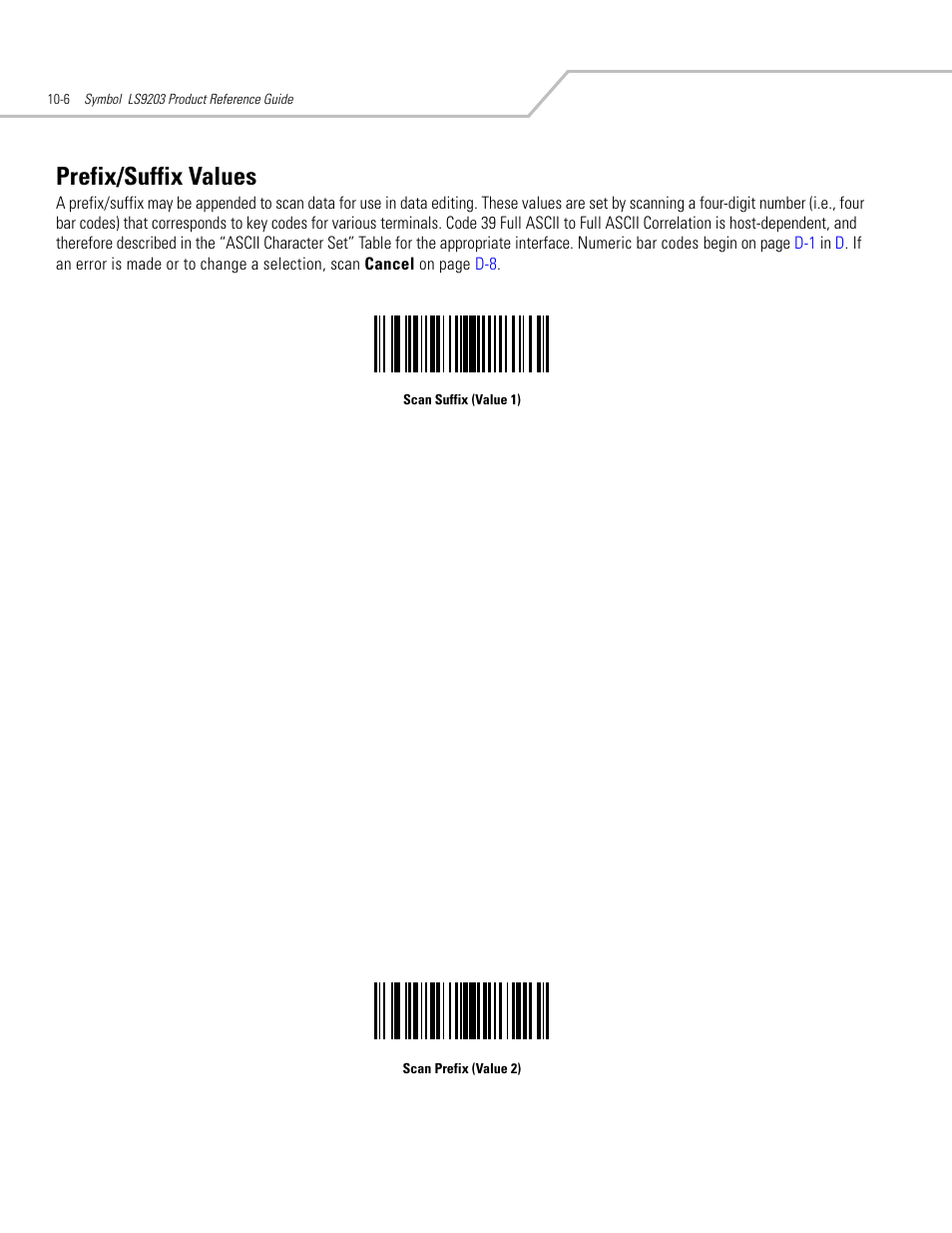 Prefix/suffix values, Prefix/suffix values -6 | Motorola SYMBOL LS9203 User Manual | Page 288 / 338