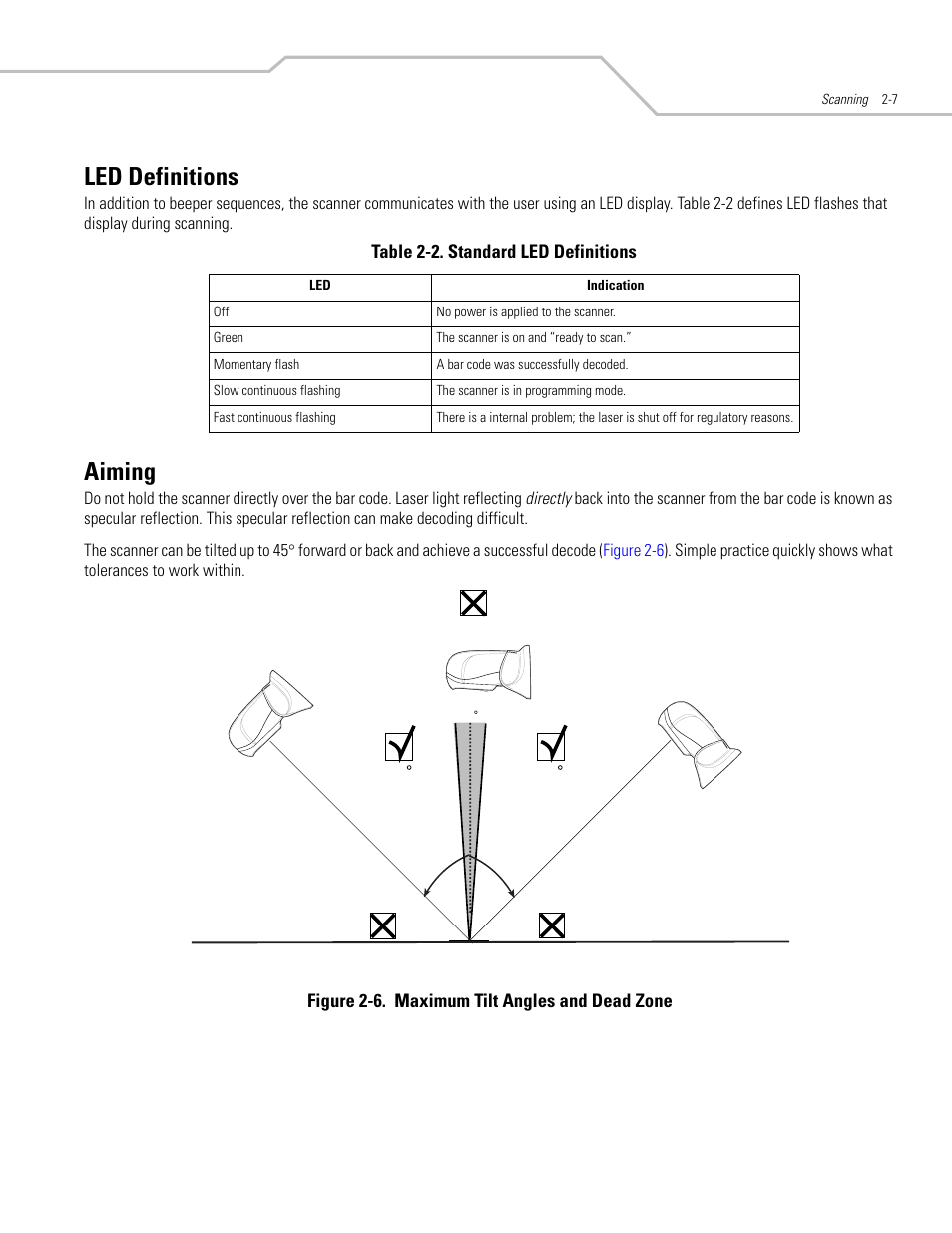 Led definitions, Aiming, Led definitions -7 | Aiming -7, Led definitions -9, Aiming -9 | Motorola SYMBOL LS9203 User Manual | Page 29 / 338