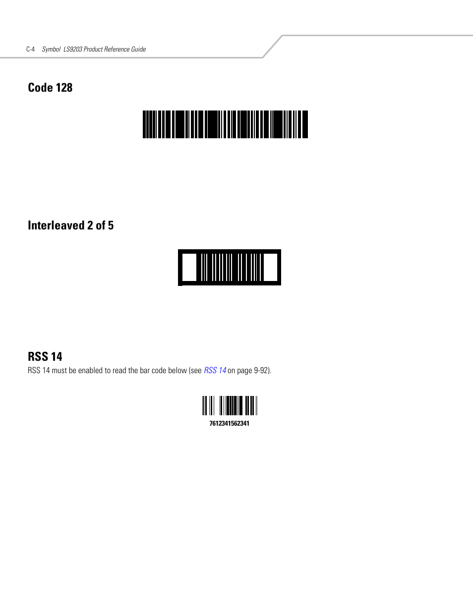 Code 128, Interleaved 2 of 5, Rss 14 | Motorola SYMBOL LS9203 User Manual | Page 316 / 338