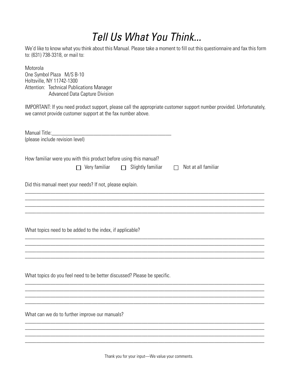 Tell us what you think | Motorola SYMBOL LS9203 User Manual | Page 335 / 338