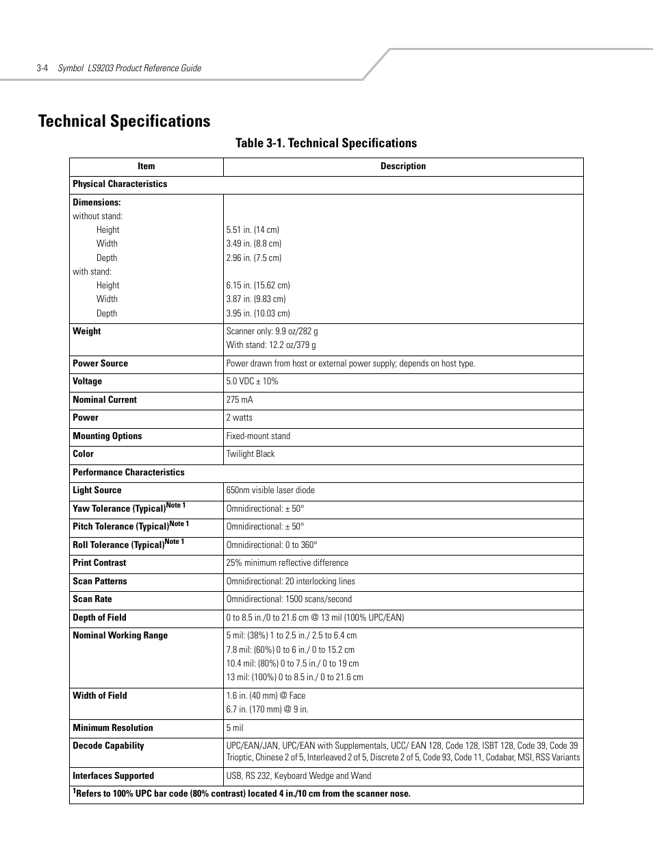 Technical specifications, Technical specifications -4, Table 3-1. technical specifications | Motorola SYMBOL LS9203 User Manual | Page 36 / 338