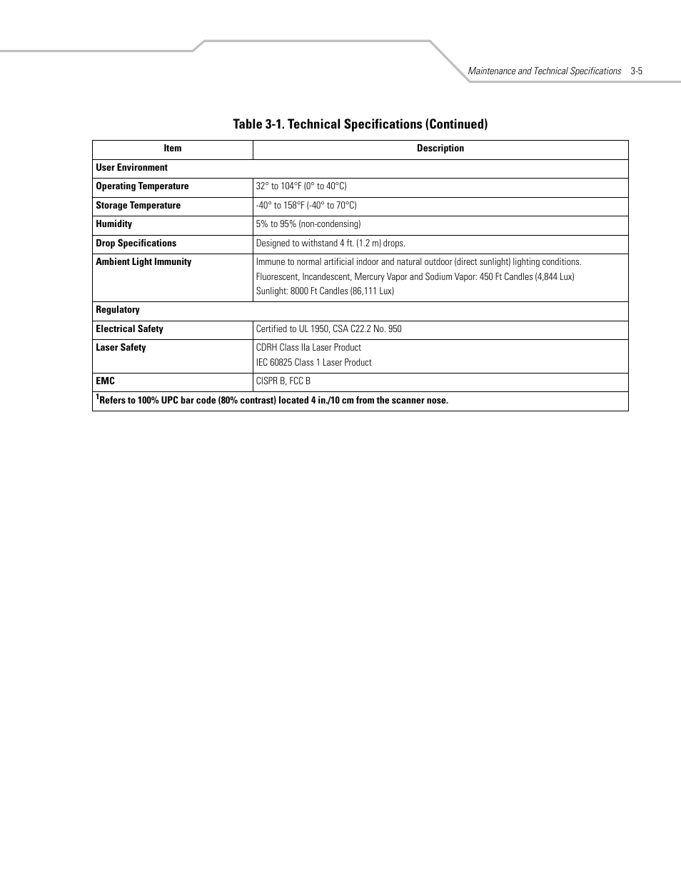 Table 3-1. technical specifications (continued) | Motorola SYMBOL LS9203 User Manual | Page 37 / 338