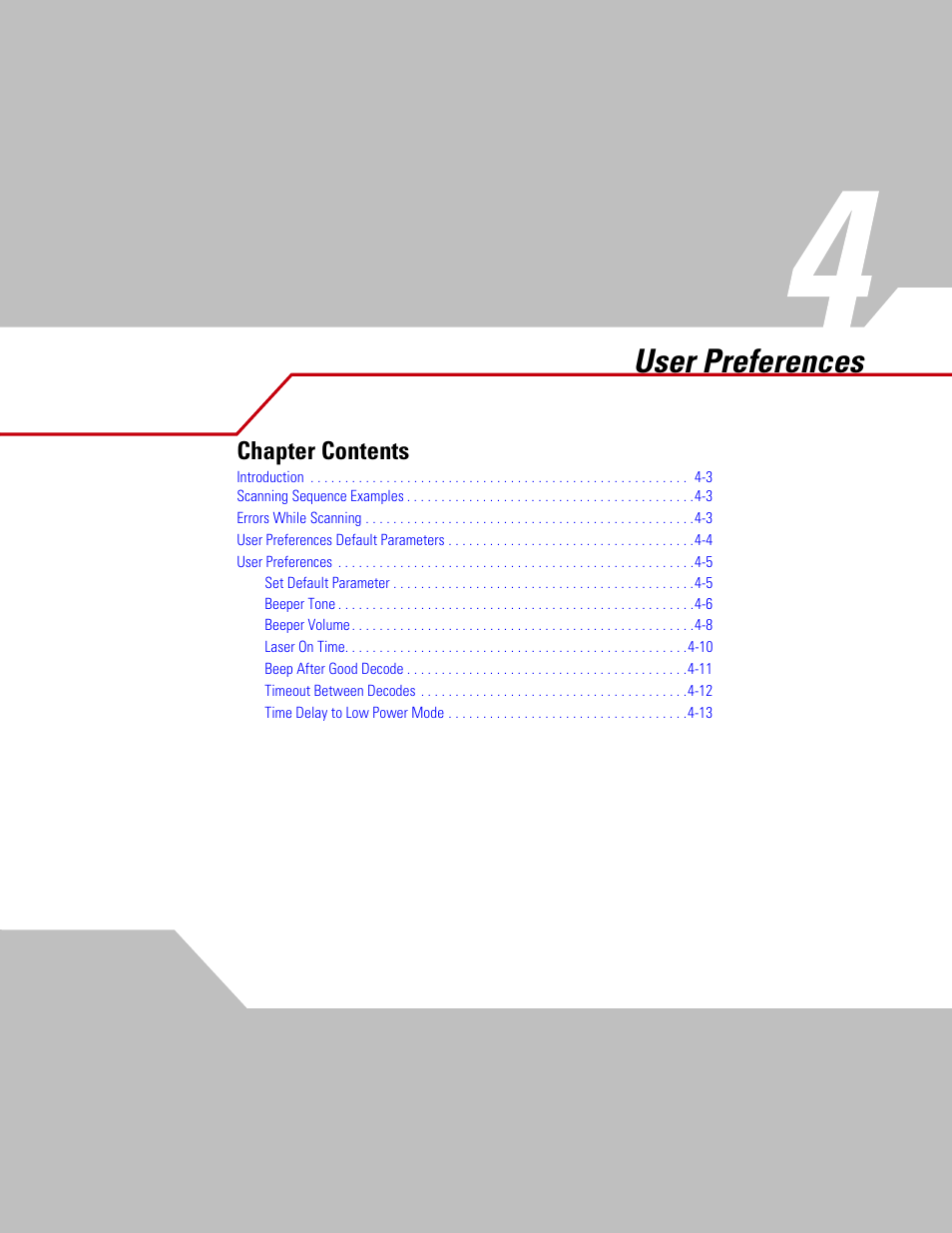 Chapter 4 user preferences, Chapter 4. user preferences, Chapter 4, user preferences | User preferences, Chapter contents | Motorola SYMBOL LS9203 User Manual | Page 41 / 338