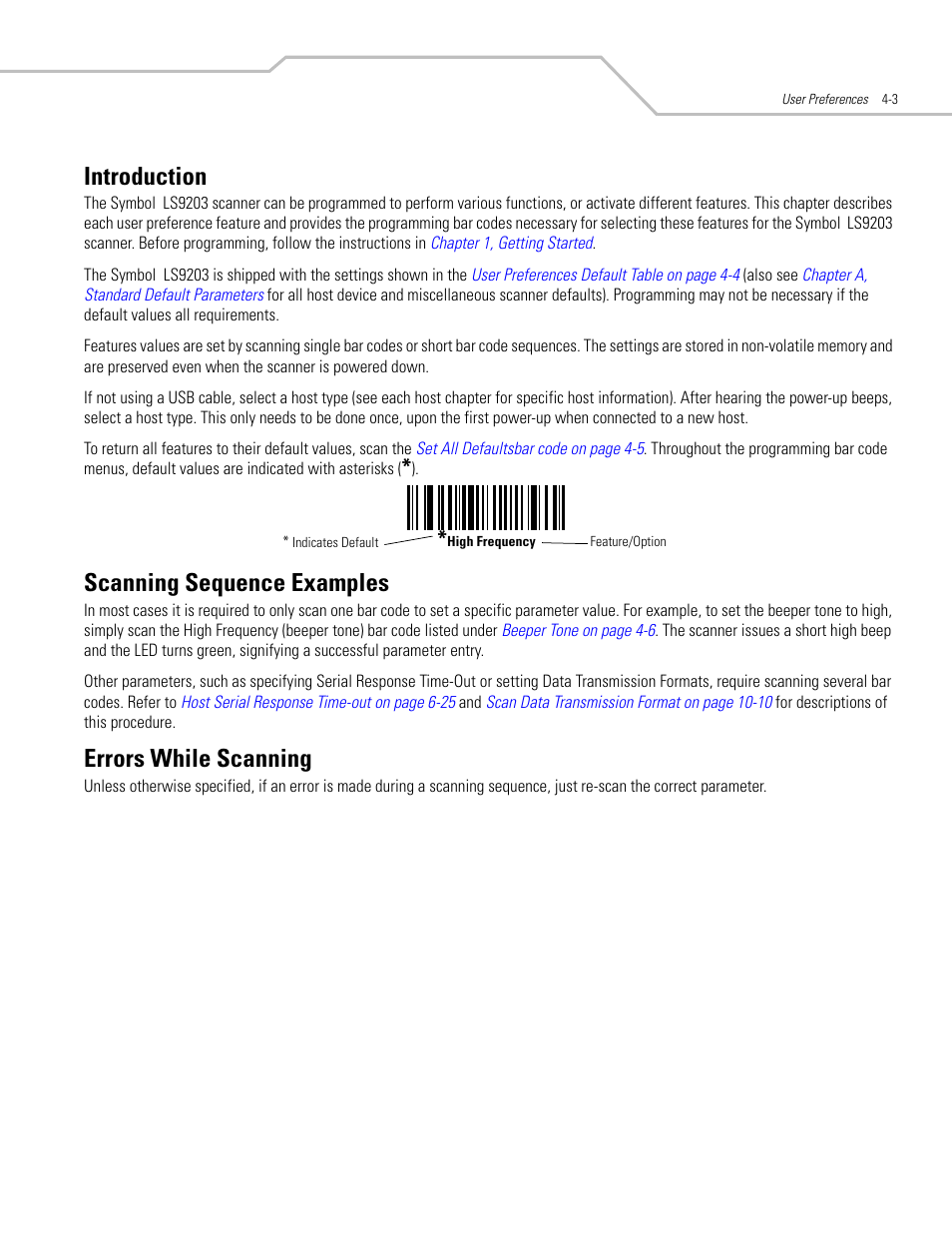 Introduction, Scanning sequence examples, Errors while scanning | Introduction -3 scanning sequence examples -3, Errors while scanning -3 | Motorola SYMBOL LS9203 User Manual | Page 43 / 338