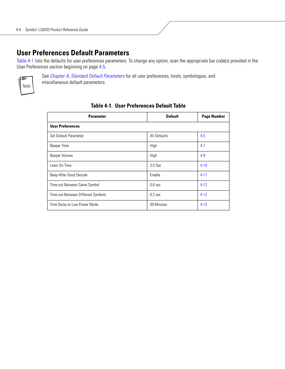 User preferences default parameters, User preferences default parameters -4, In the | Motorola SYMBOL LS9203 User Manual | Page 44 / 338