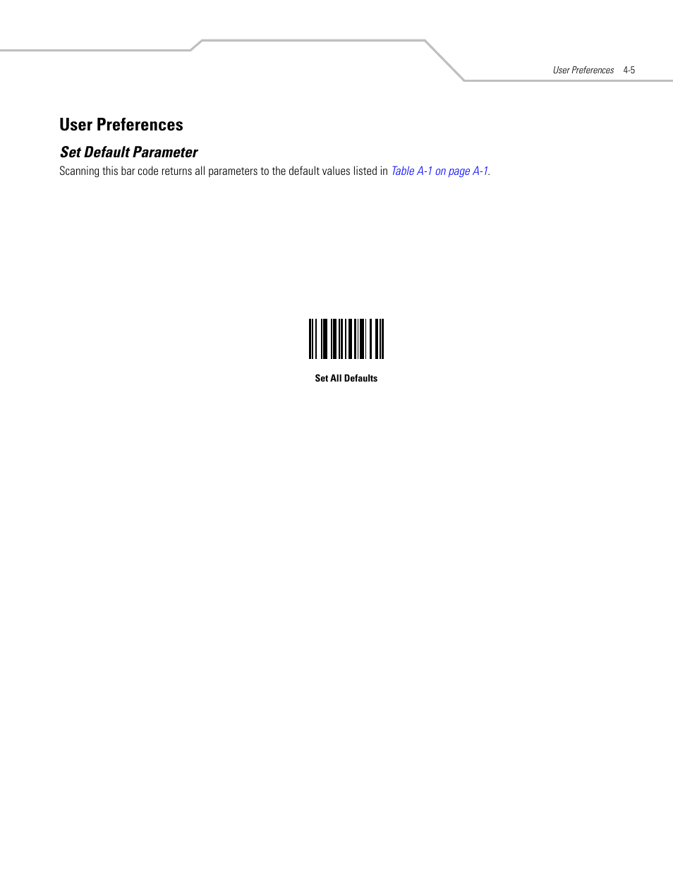 User preferences, Set default parameter, User preferences -5 | Set default parameter -5 | Motorola SYMBOL LS9203 User Manual | Page 45 / 338