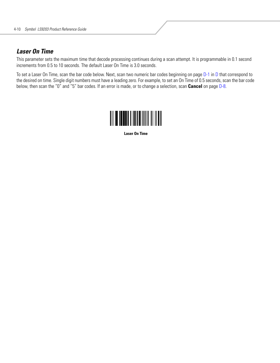 Laser on time, Laser on time -10 | Motorola SYMBOL LS9203 User Manual | Page 50 / 338