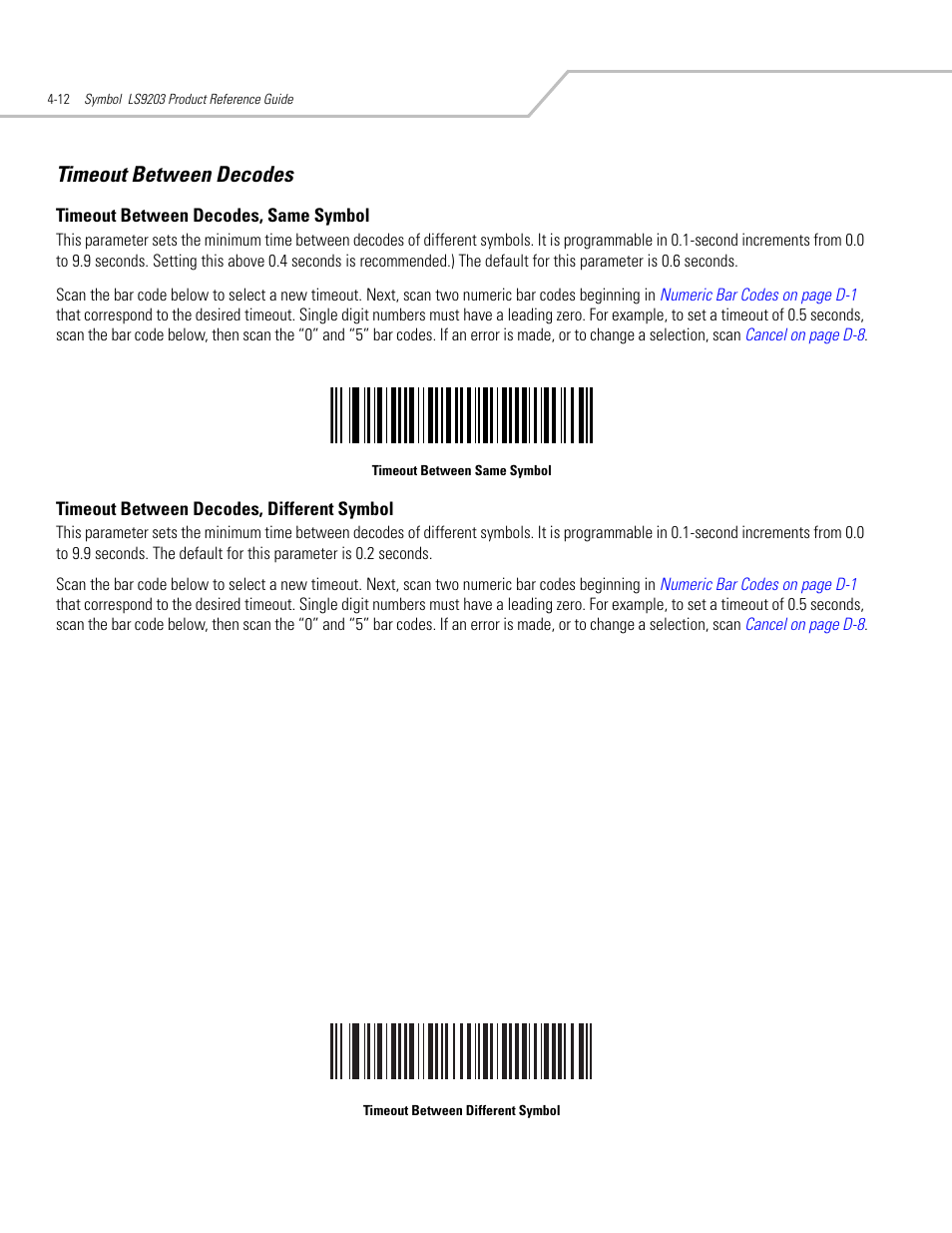 Timeout between decodes, Timeout between decodes -12 | Motorola SYMBOL LS9203 User Manual | Page 52 / 338