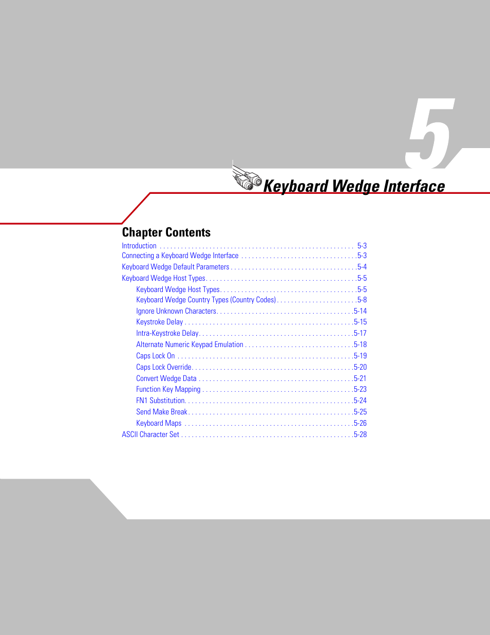 Chapter 5 keyboard wedge interface, Chapter 5. keyboard wedge interface, Chapter 5, keyboard wedge interface | Keyboard wedge interface, Chapter contents | Motorola SYMBOL LS9203 User Manual | Page 57 / 338