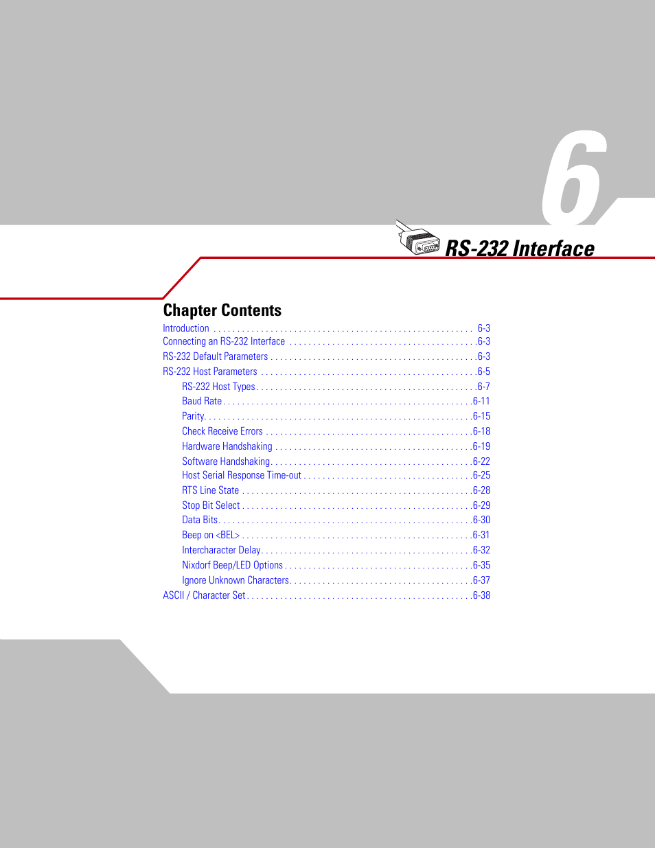 Chapter 6 rs-232 interface, Chapter 6. rs-232 interface, Chapter 6, rs-232 interface | Rs-232 interface, Chapter contents | Motorola SYMBOL LS9203 User Manual | Page 93 / 338