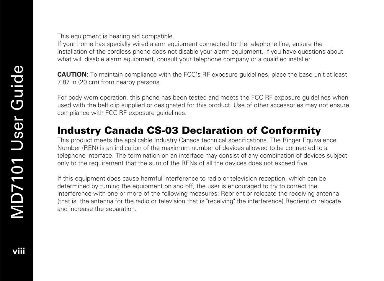 Industry canada cs-03 declaration of conformity, Md7101 user guide | Motorola E51 Series User Manual | Page 11 / 54