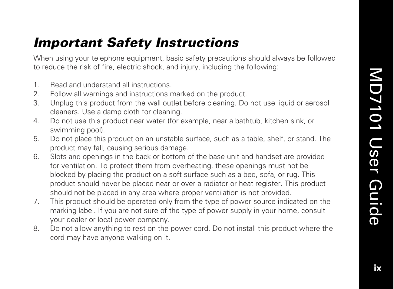 Important safety instructions, Md7101 u ser guide | Motorola E51 Series User Manual | Page 12 / 54