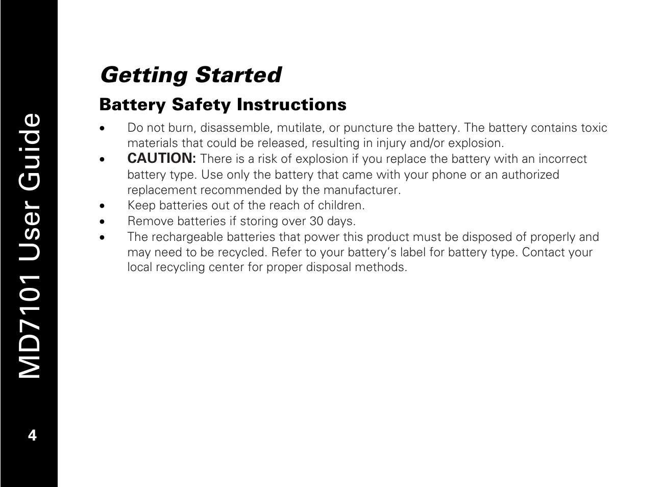 Getting started, Battery safety instructions, Md7101 user guide | Motorola E51 Series User Manual | Page 19 / 54