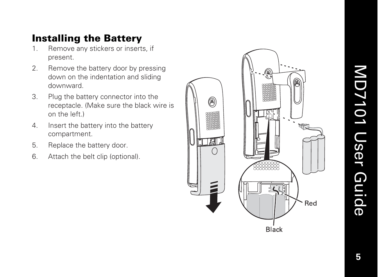 Installing the battery, Charging the handset battery, Md7101 u ser guide | Motorola E51 Series User Manual | Page 20 / 54