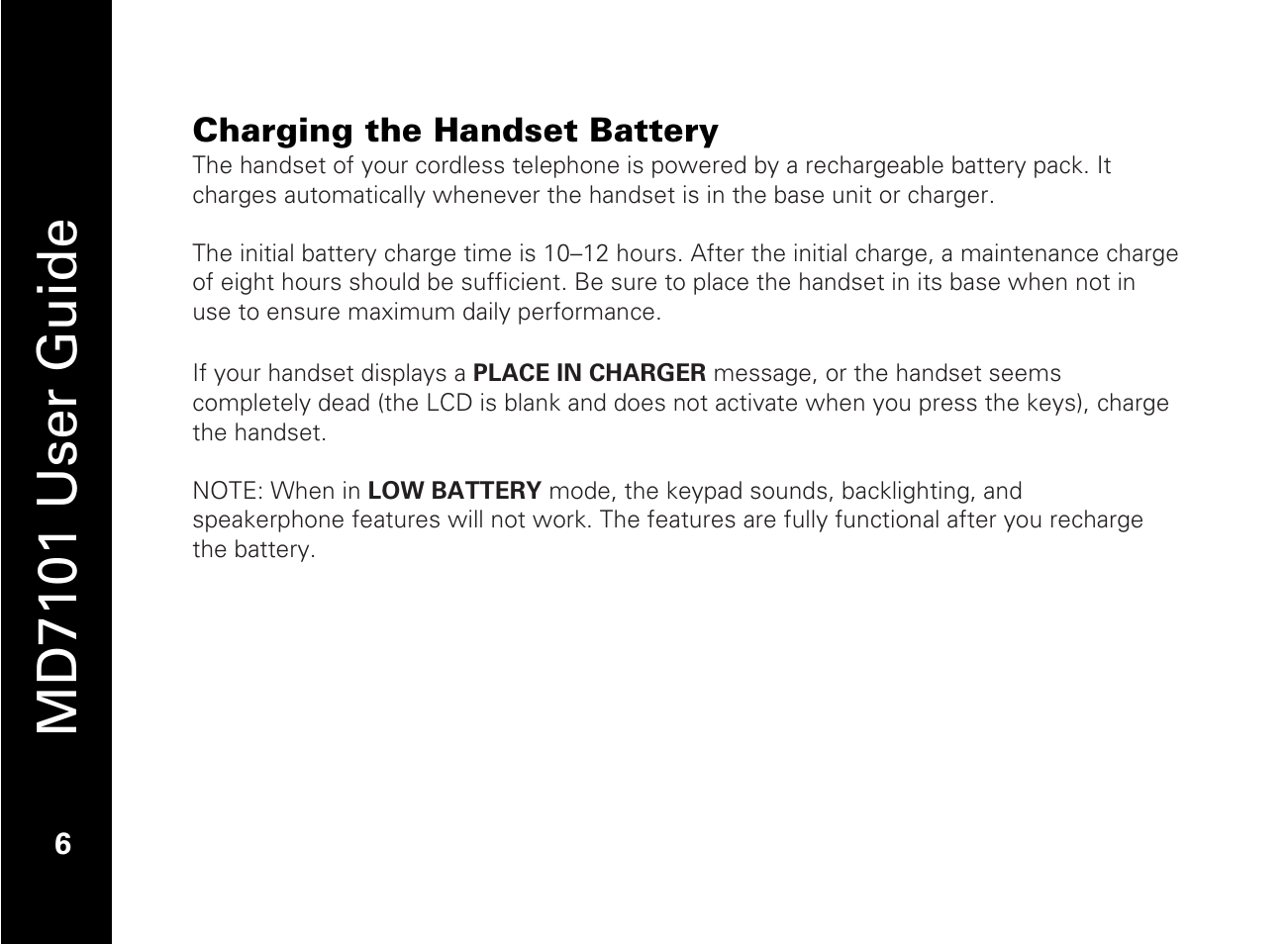 Charging the handset battery, Md7101 user guide | Motorola E51 Series User Manual | Page 21 / 54