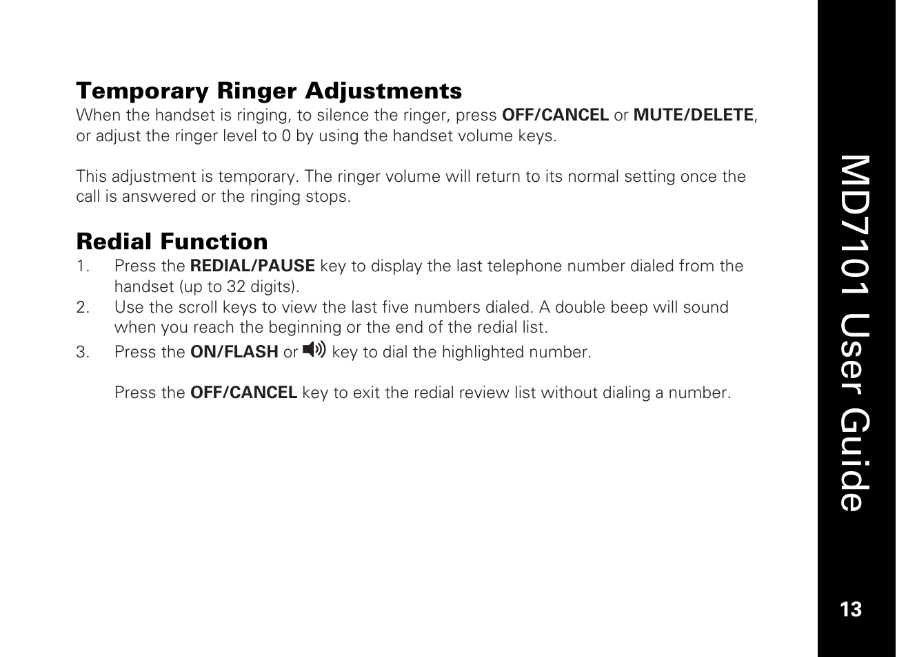 Temporary ringer adjustments, Redial function, Md7101 u ser guide | Motorola E51 Series User Manual | Page 28 / 54