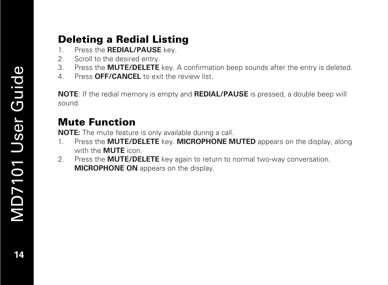 Deleting a redial listing, Mute function, Md7101 user guide | Motorola E51 Series User Manual | Page 29 / 54