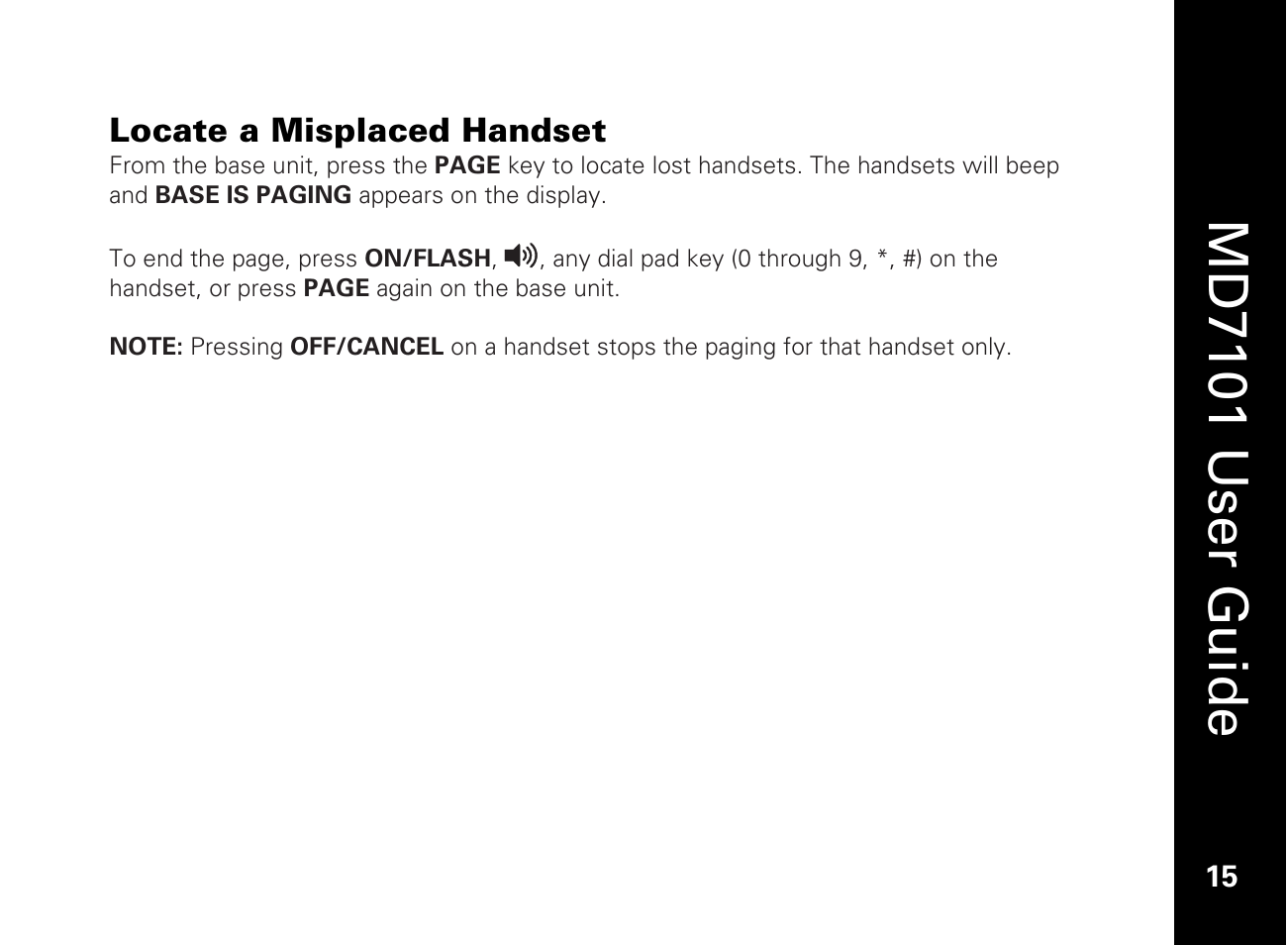 Locate a misplaced handset, Md7101 u ser guide | Motorola E51 Series User Manual | Page 30 / 54