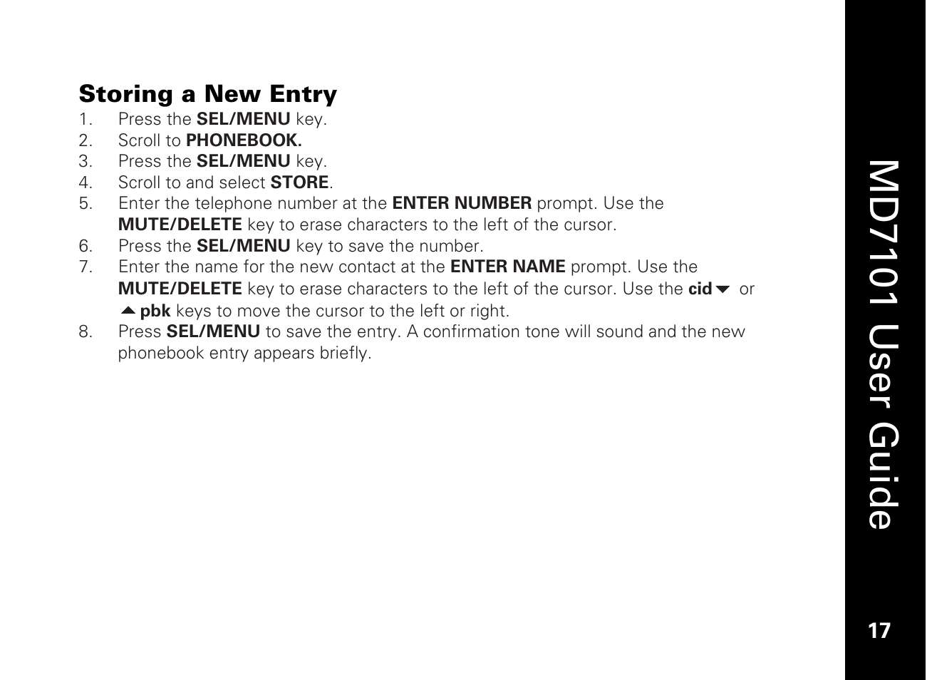 Storing a new entry, Md7101 u ser guide | Motorola E51 Series User Manual | Page 32 / 54