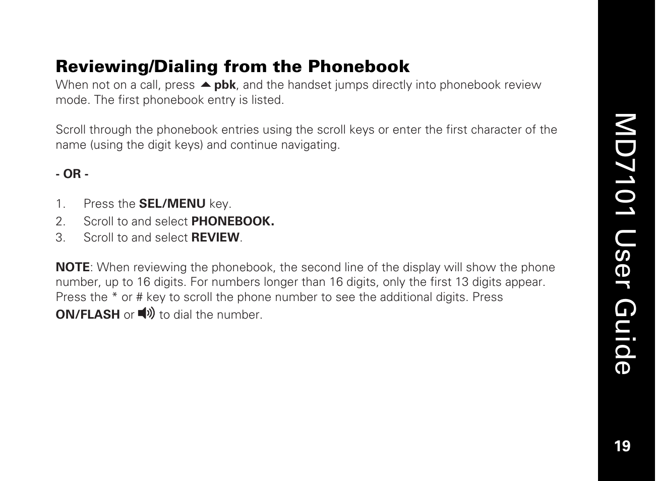 Reviewing/dialing from the phonebook, Md7101 u ser guide | Motorola E51 Series User Manual | Page 34 / 54