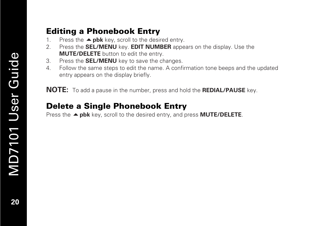 Editing a phonebook entry, Delete a single phonebook entry, Md7101 user guide | Motorola E51 Series User Manual | Page 35 / 54